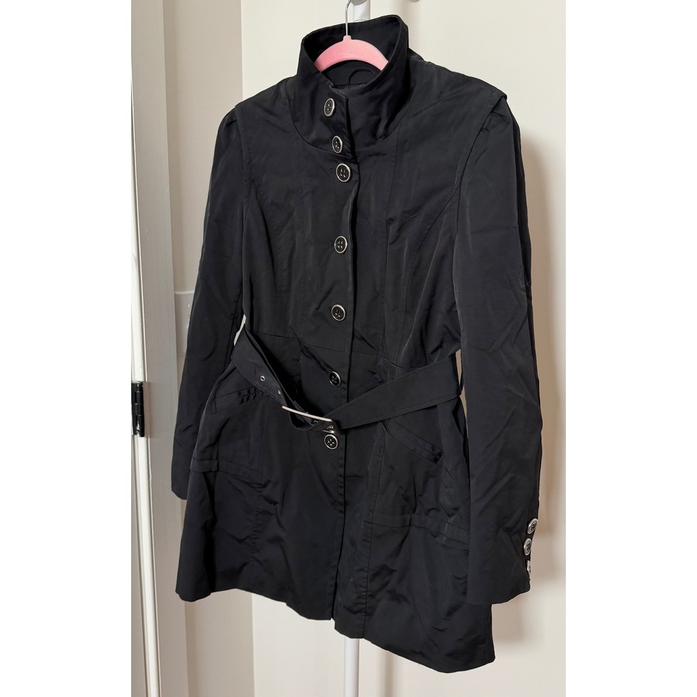 New York & Company Jacket Women Large Black Belted Funnel Neck Button Up Trench
